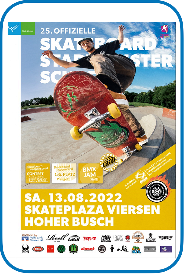 Das Sharepic zeigt das Plakat zur 25. offiziellen Skateboard-Stadtmeisterschaft