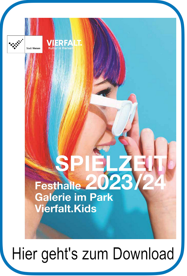 Das Bild zeigt die Titelseite des Spielzeitheftes 2023/2024 der städtische Kulturabteilung Viersen und den Hinweis „Hier geht's zum Download“