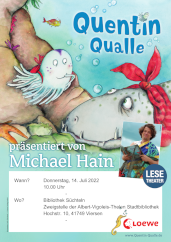 Poster Quentin Qualle/ Lesetheater von und mit Michael Hain. Illustration: Julia Ginsbach, ©Loewe Verlag GmbH