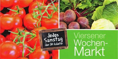 Deckblatt des Flyers "Viersener Wochenmarkt" Links: rote Tomaten. Rechts: schönes Gemüse.