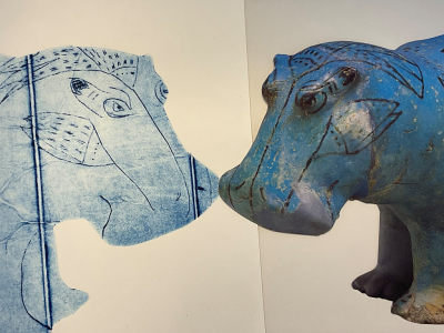 Flusspferd als Skulptur und Grafik